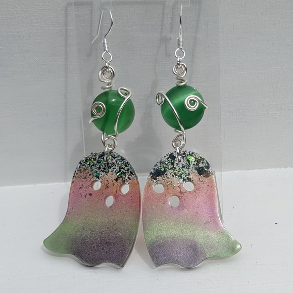 Ghost Earrings Resin Cat's Eye Silver Wire Wrapped Handmade Bubble y2k - Picture 4 of 5